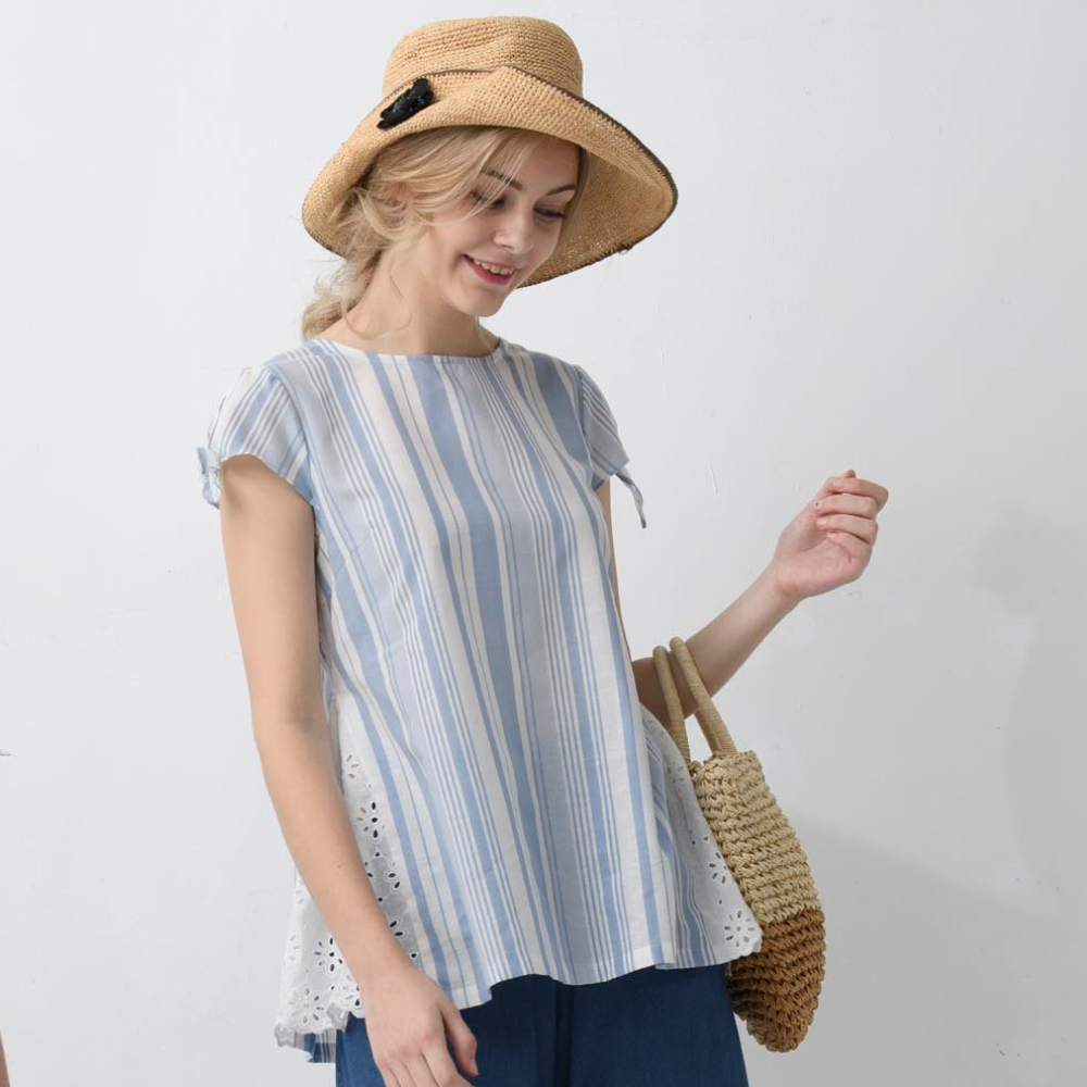 PIPPY 直條紋剪接蕾絲一字領短袖微長版上衣 藍 (版型偏小)