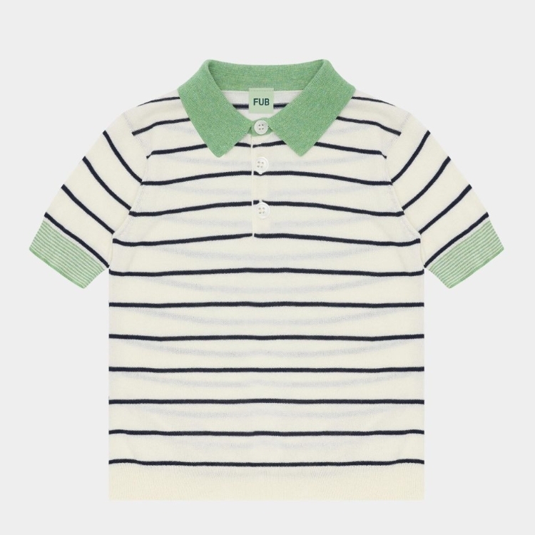 FUB 撞色條紋混搭Polo領上衣 Striped Polo - ecru/dark navy