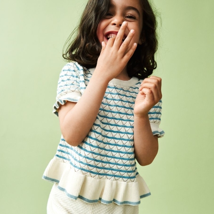 FUB 菱格紋鏤空荷葉邊針織上衣 Pointelle Tee - ecru/sea