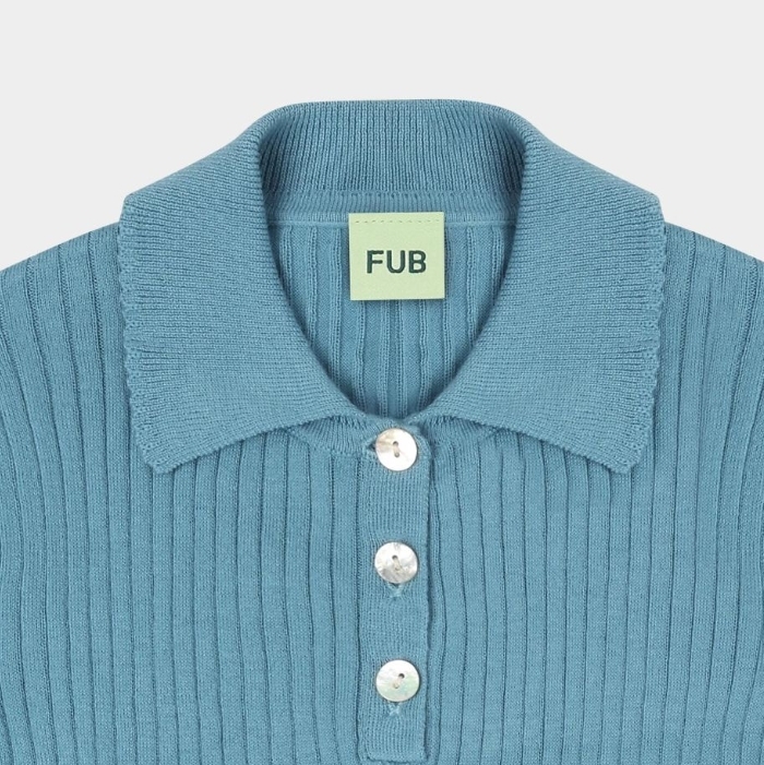 FUB 襯衫領坑條傘襬針織洋裝 Dress - sea