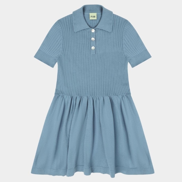 FUB 襯衫領坑條傘襬針織洋裝 Dress - sea