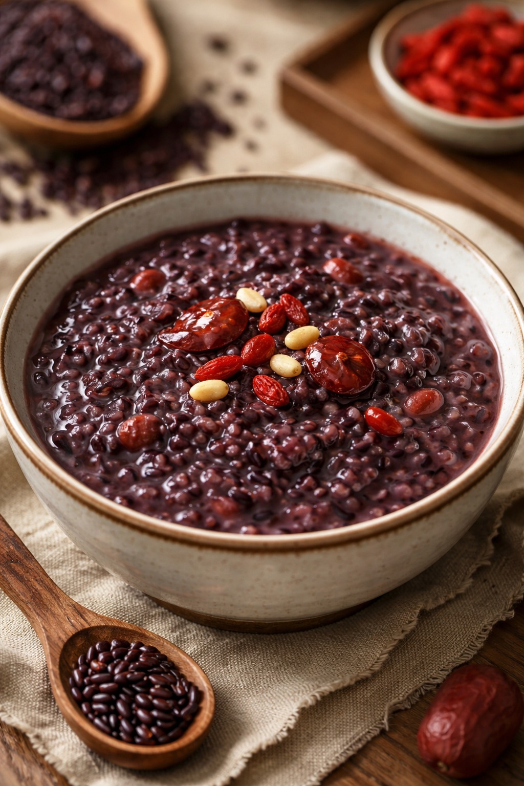 寫實攝影風格，高質感商品攝影，一碗熱騰騰的紫米粥放在白色陶瓷碗中，紫米顆粒飽滿微微發亮，粥質濃稠，散發淡淡蒸氣，碗旁放著木製湯匙與少量紫米穀粒，背景為溫暖木質餐桌與柔和自然光