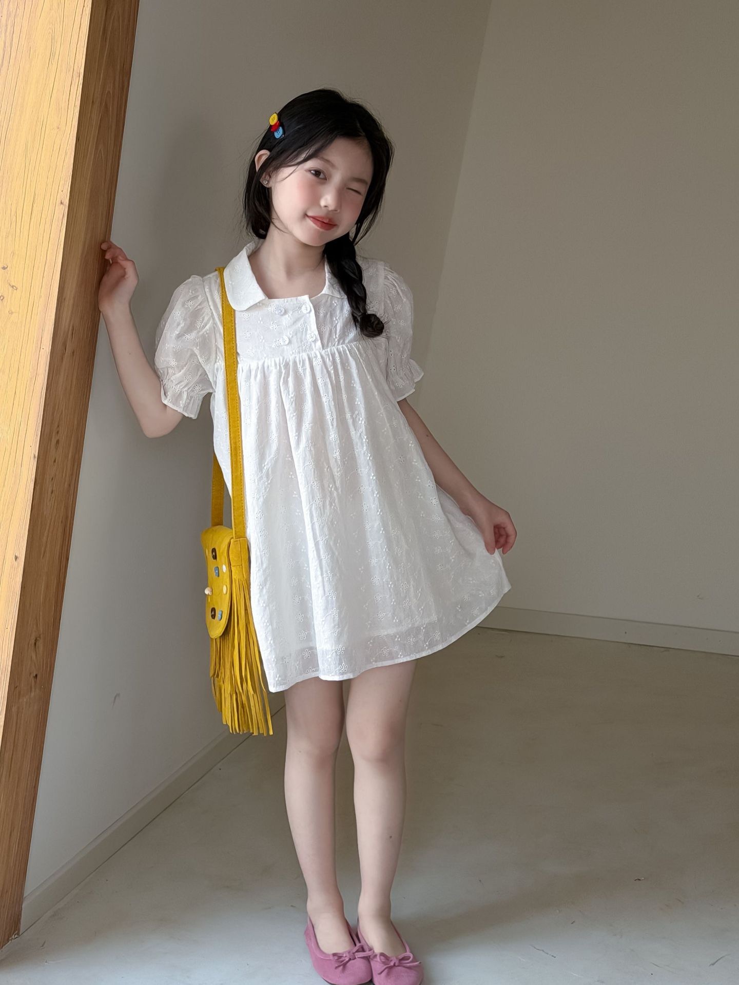 清新白泡泡袖洋裝