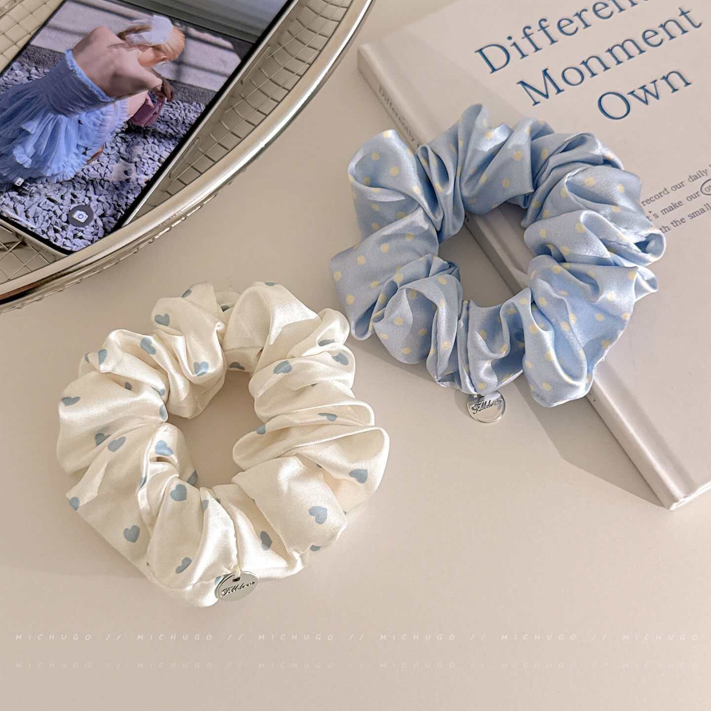 [3 FOR RM10] Blue Polka Dot Satin Scrunchies