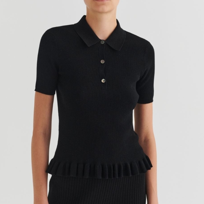 FUB 螺紋荷葉邊上衣(大人款) Rib Polo - black