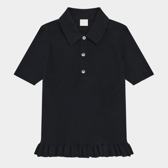 FUB 螺紋荷葉邊上衣(大人款) Rib Polo - black