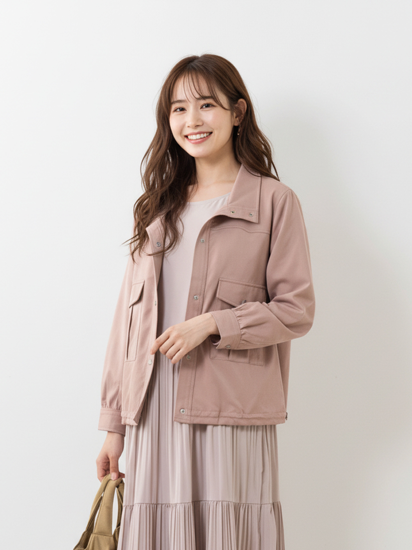 立領工裝口袋夾克外套壓褶短袖長洋裝組合