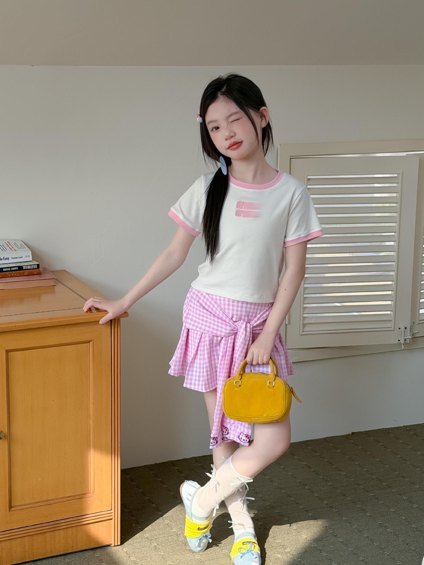 粉色貓貓格子假兩件裙