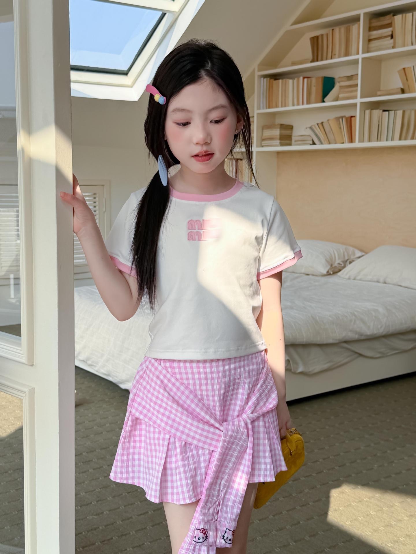 粉色貓貓格子假兩件裙