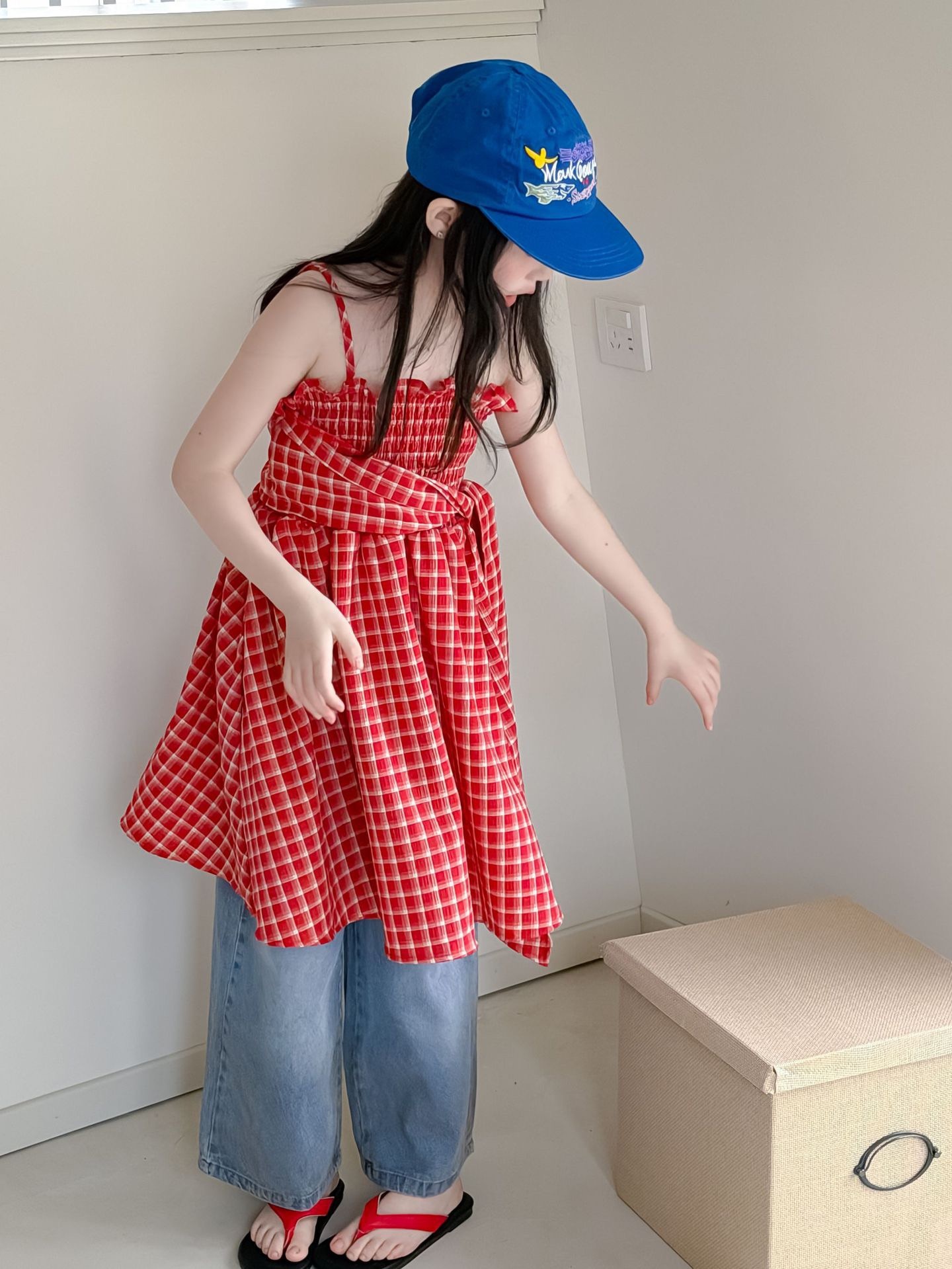 韓系紅格子長版上衣/牛仔褲