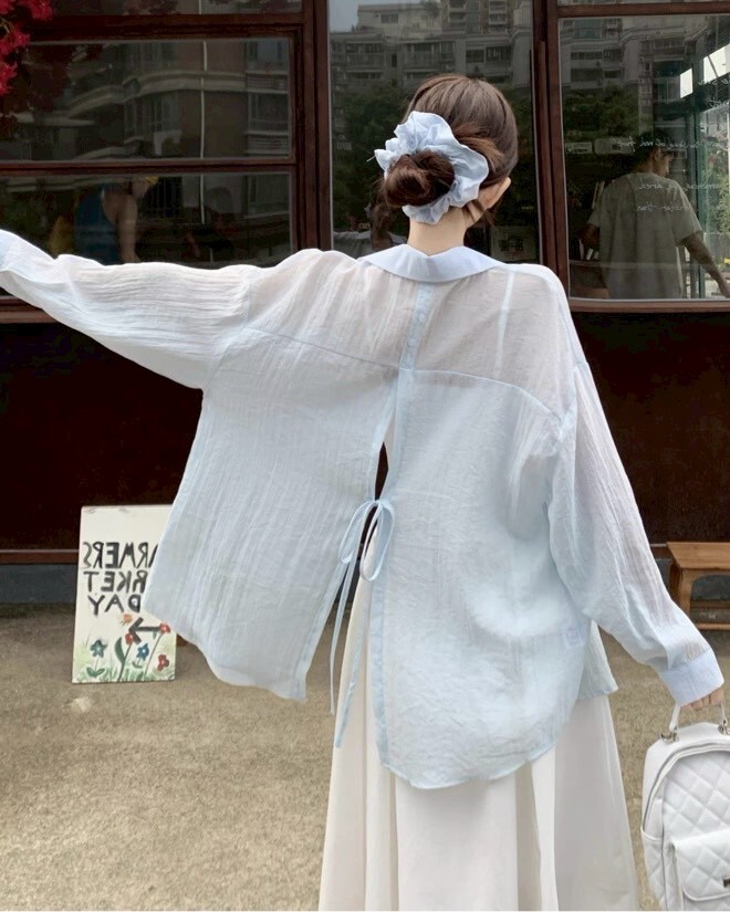 後綁結簍空雙釦棉麻襯衫
