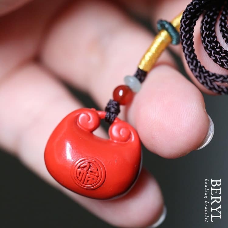 原礦硃砂如意福鎖流蘇掛件