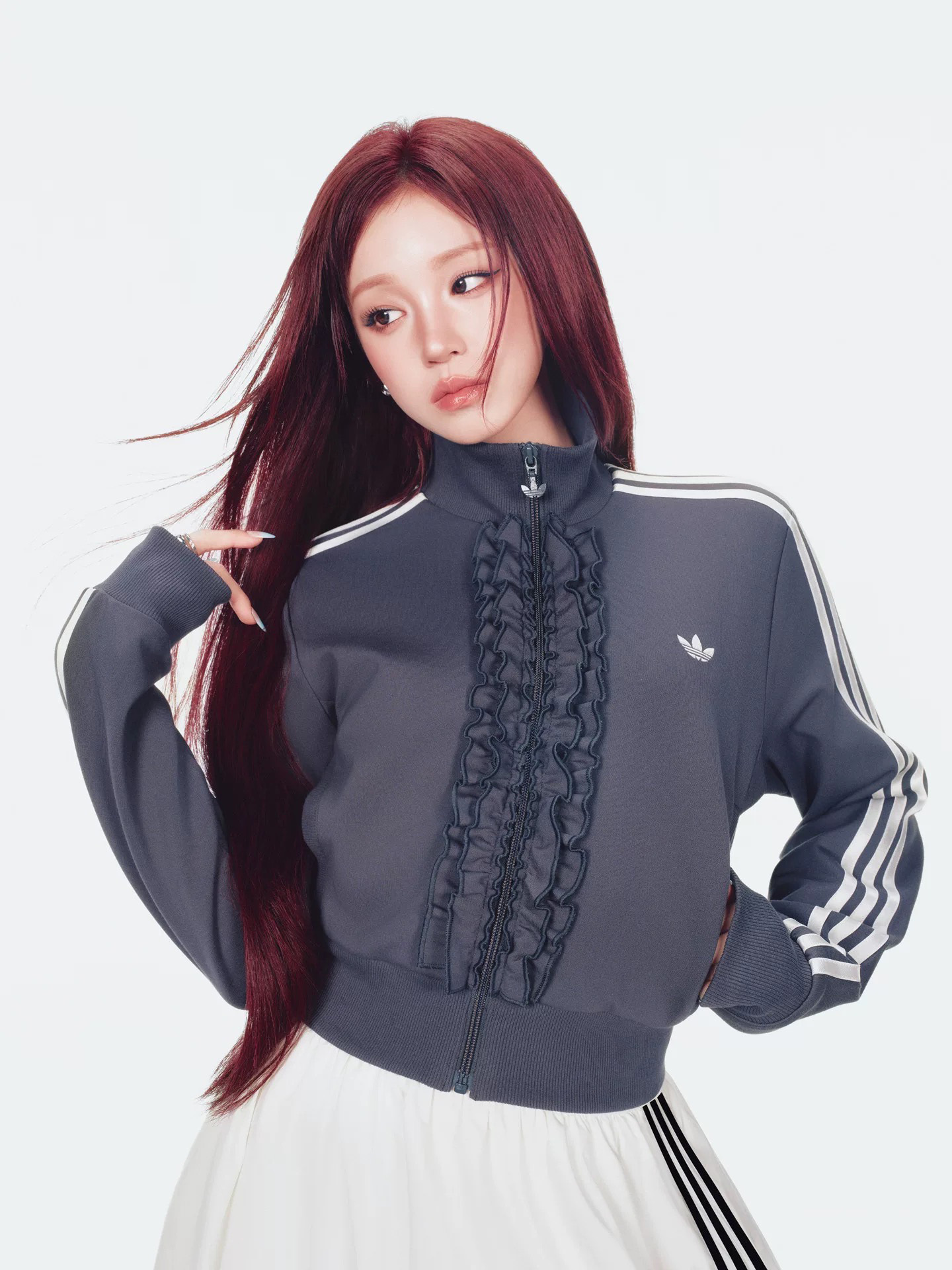 女款 ADIDAS RUFFLE 深灰色 宋雨琦同款 短版 復古 荷葉邊 芭蕾風 休閒 運動 外套【KU9387】ADLP