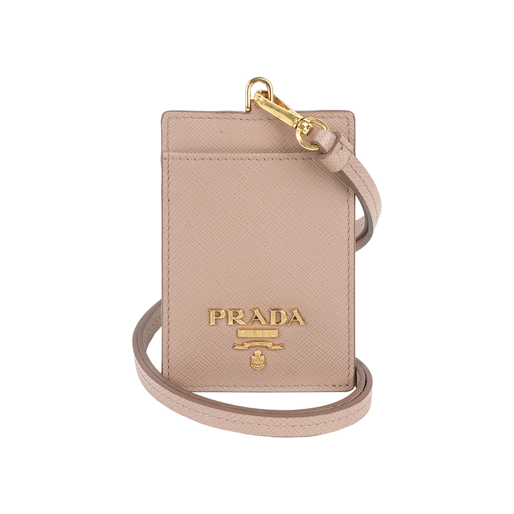 【Prada】浮雕Logo 防刮皮革掛式證件套/卡夾(藕粉色)