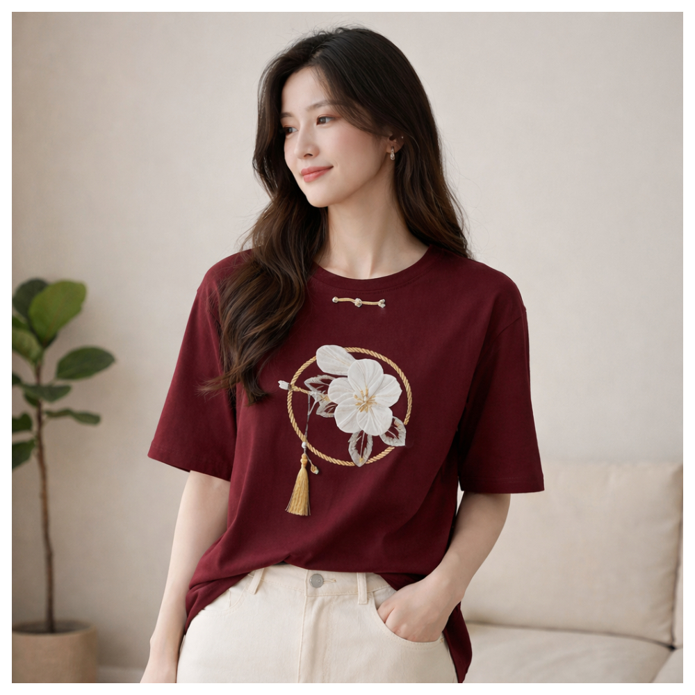 【ASister 小姊姊】AS0394#純棉上衣☆*新中式花髮簪*中長版短袖T恤(10色 S-3XL)