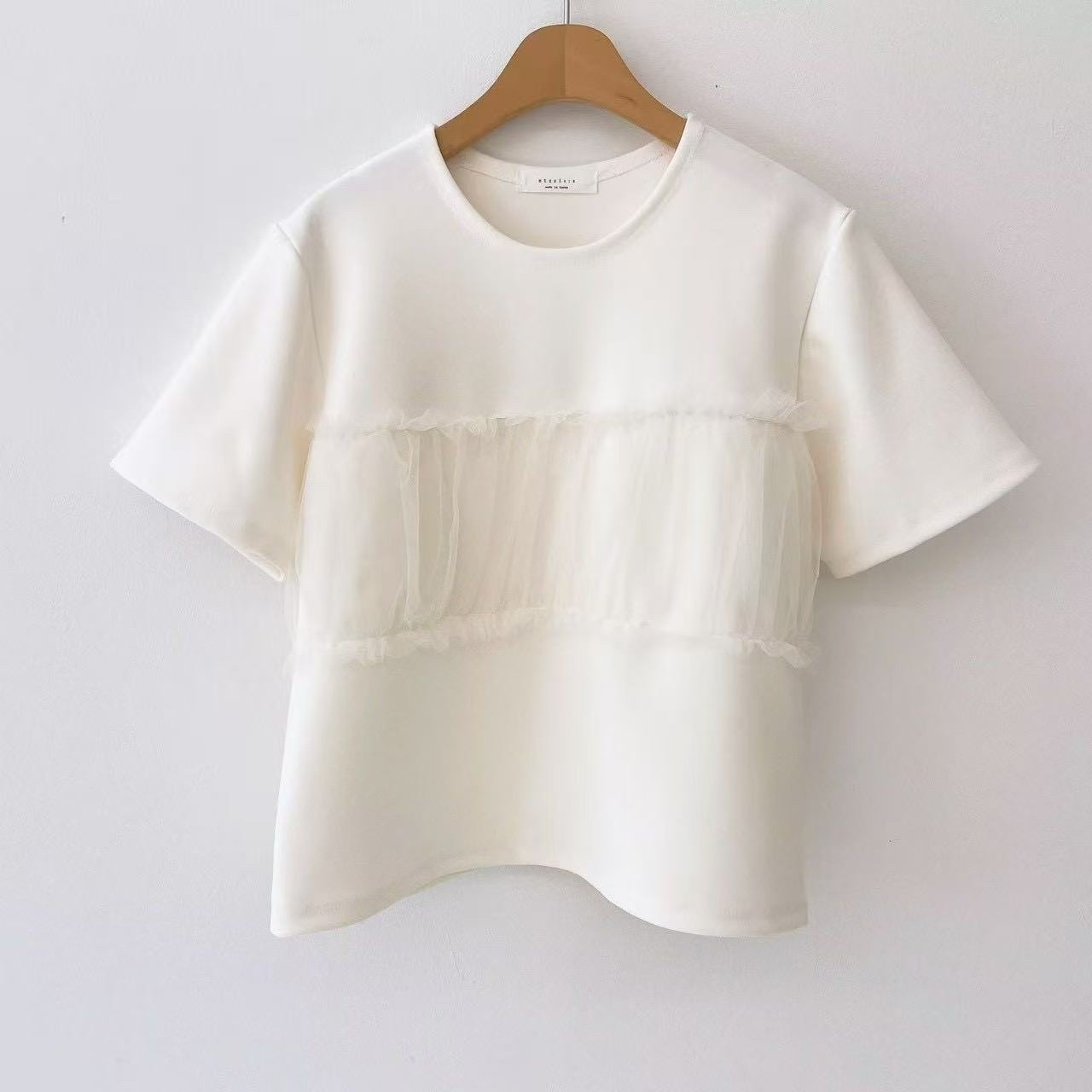 561 圓領拼接蕾絲純色短袖T