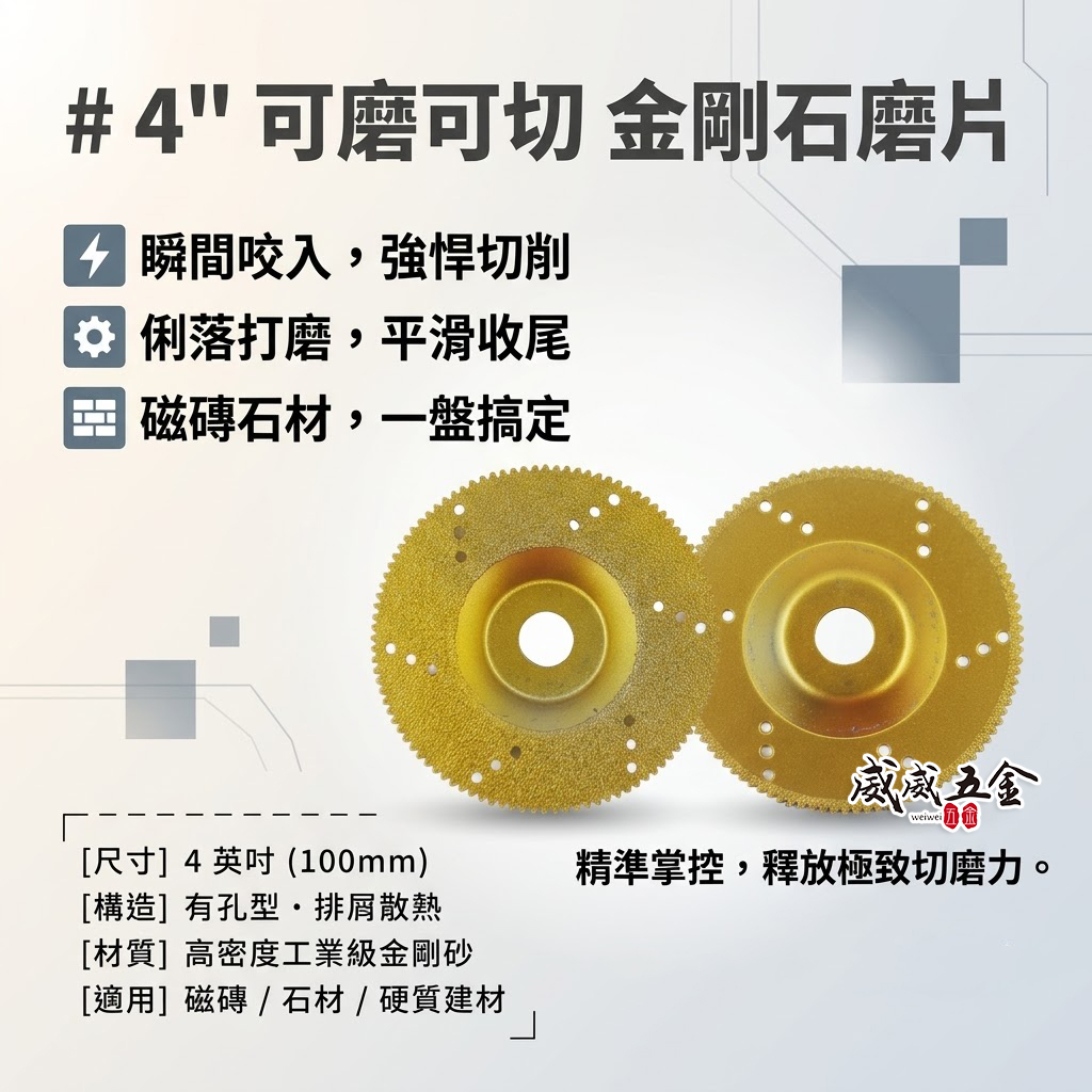 無包裝｜可磨可切 附齒型有孔金剛石磨片｜磨兼切 4" 細緻磨盤 4吋砂輪機用 高分子磨片 磁磚 石材 研磨盤