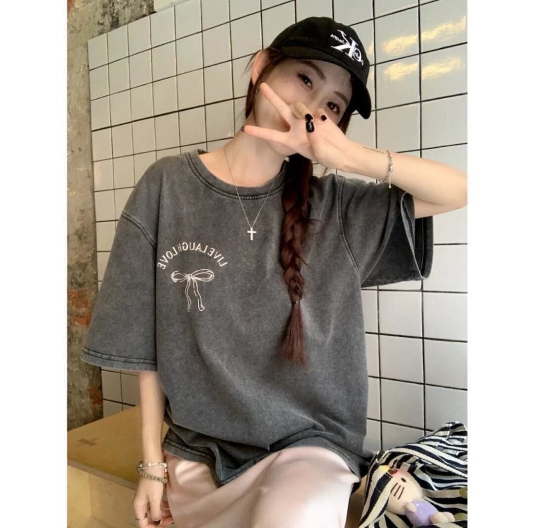 6534-前後英文蝴蝶結水洗T