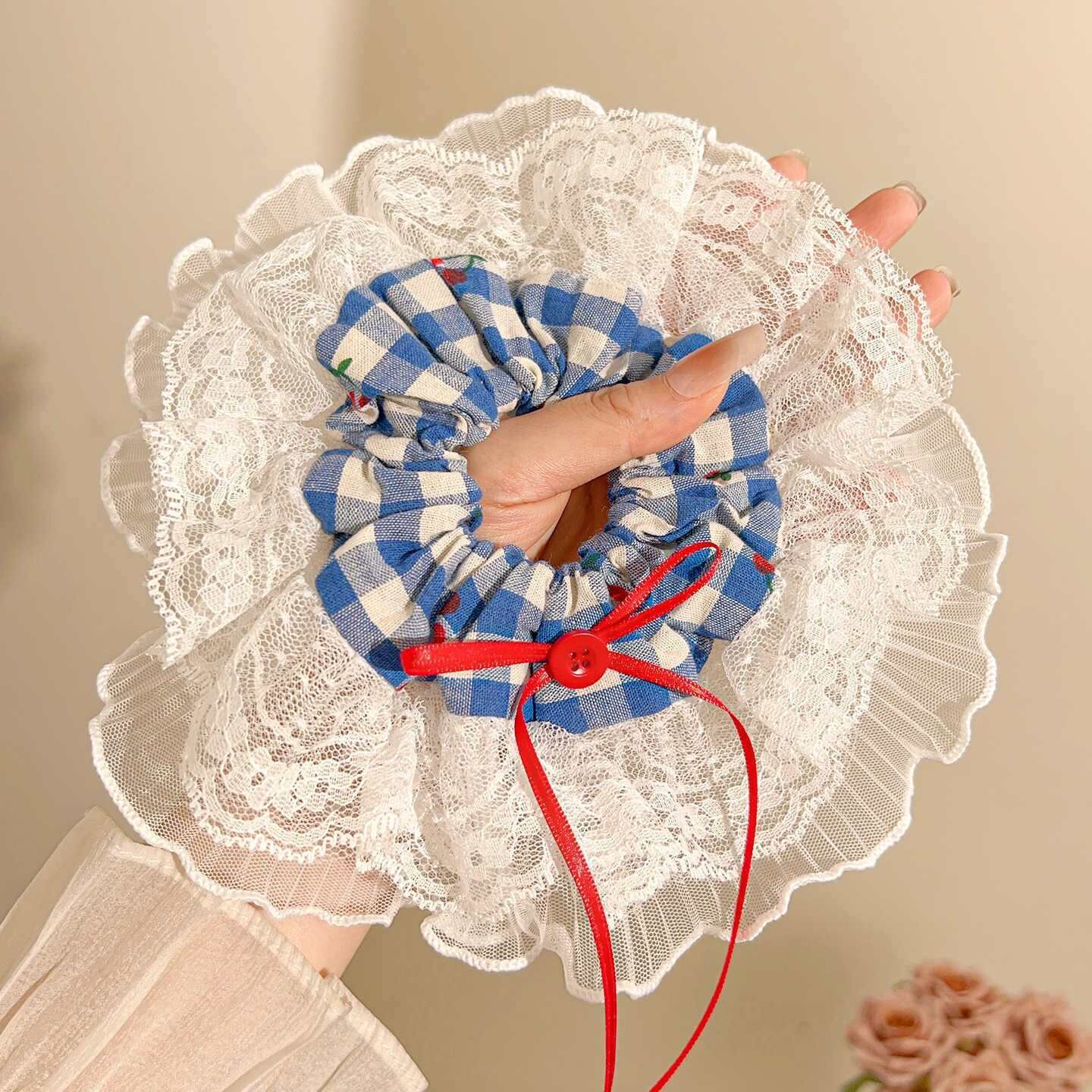 [2 FOR RM10] Blue Gingham Cherry Lace Scrunchie