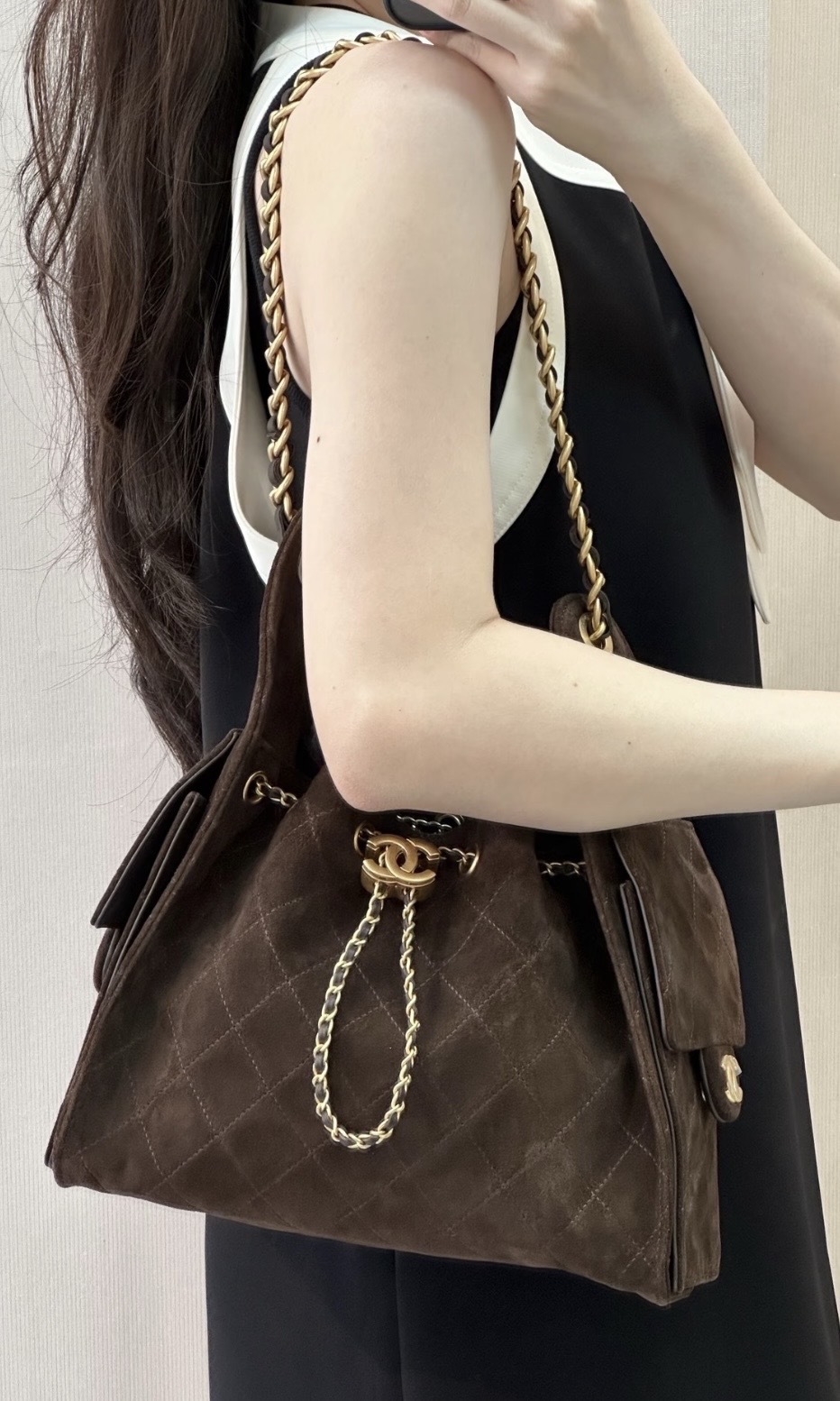 CHANEL 25 Mini Handbag Suede Calfskin & Gold Metal Dark Brown