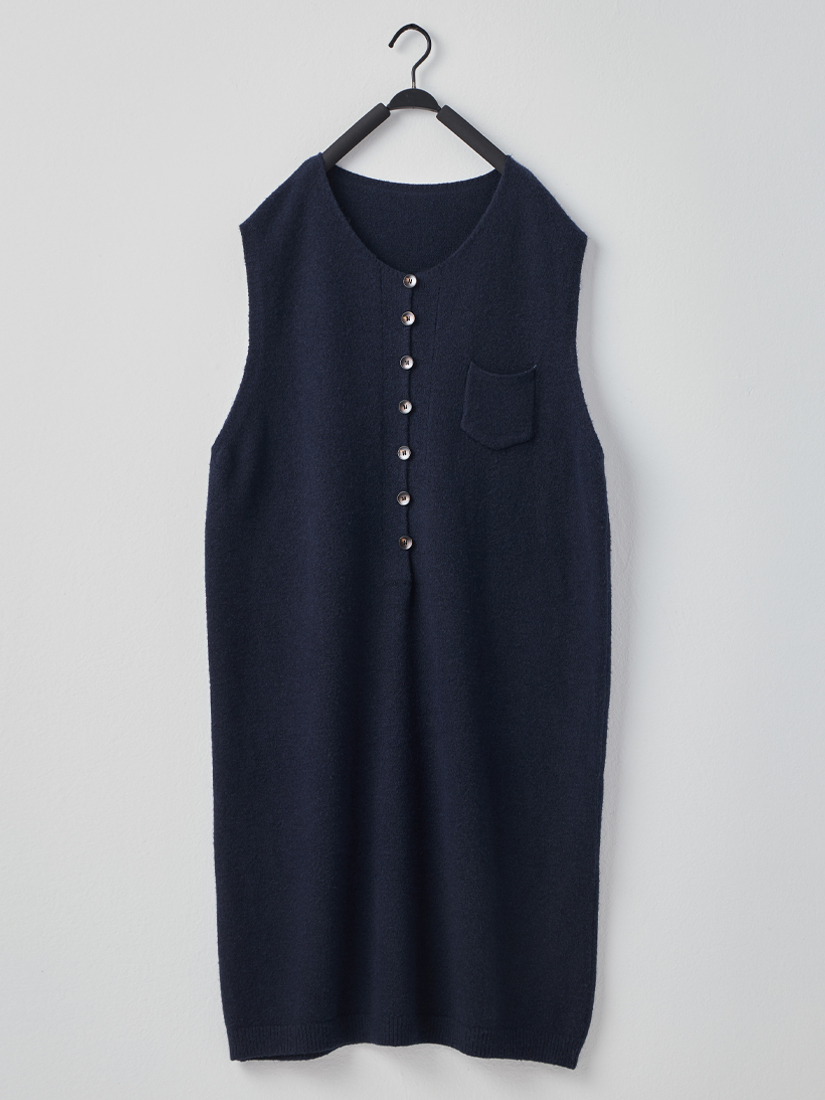 素色慵懶開釦設計口袋長版針織背心洋裝