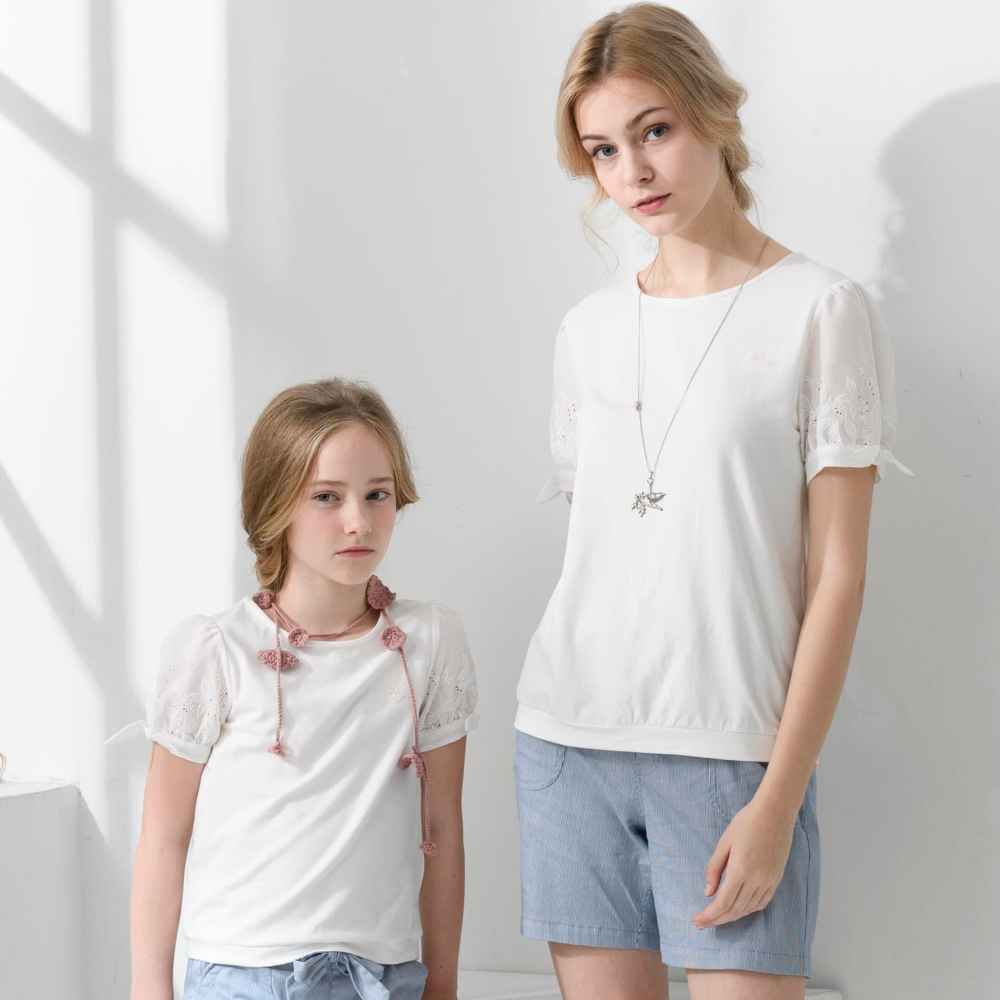 PIPPY 百搭素雅刺繡彈性棉圓領短袖上衣 白