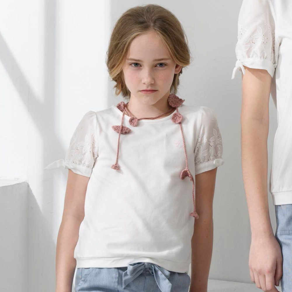 PIPPY 百搭素雅刺繡彈性棉圓領短袖上衣 白