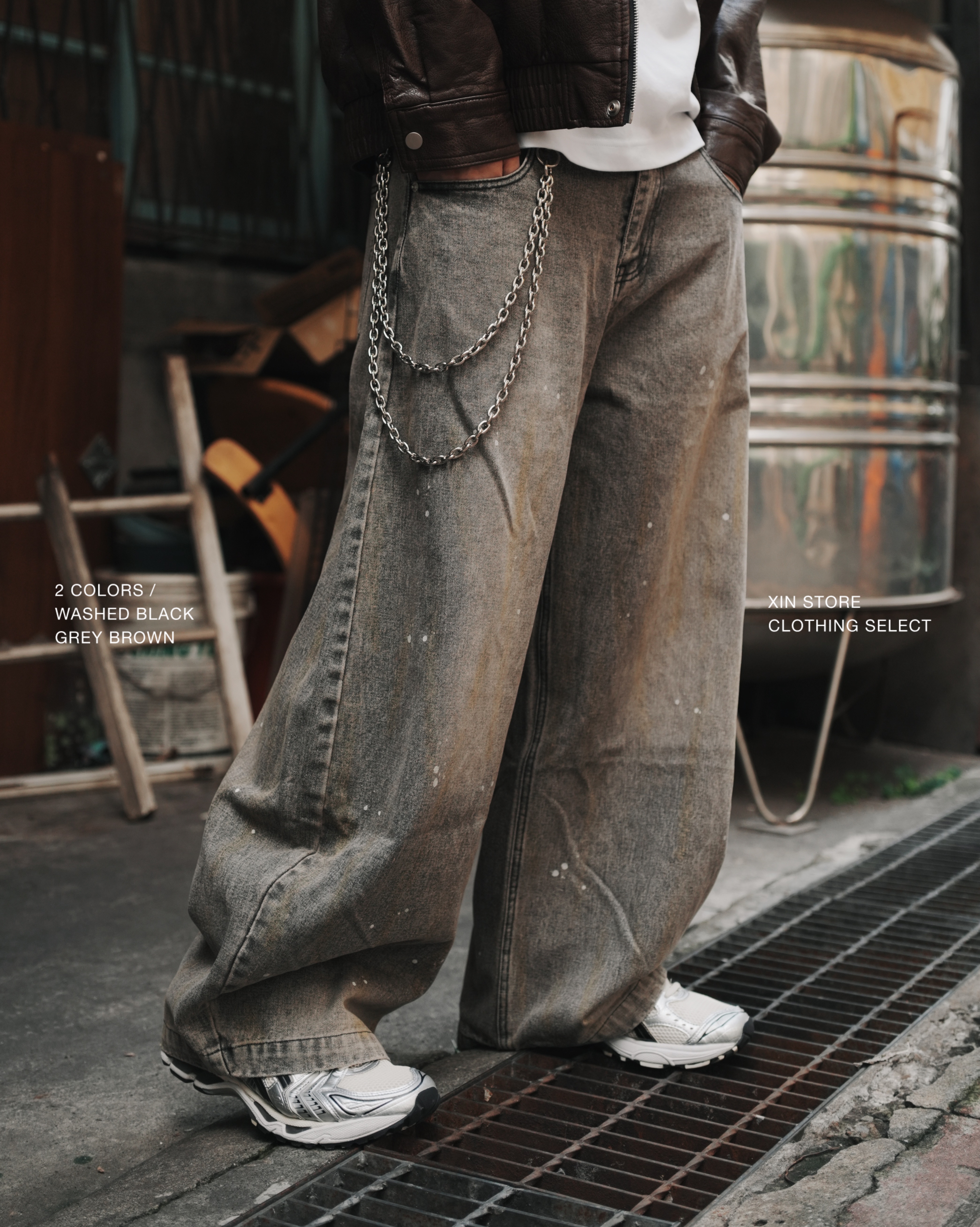 XIN SELECT 潑漆 水洗 彎刀褲 長褲 二色