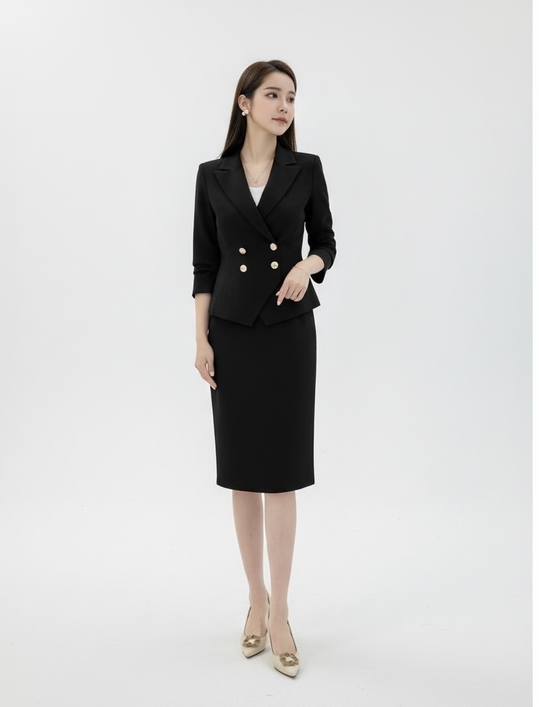 (職場必備)雙排金釦劍擺西裝套裝 - 黑