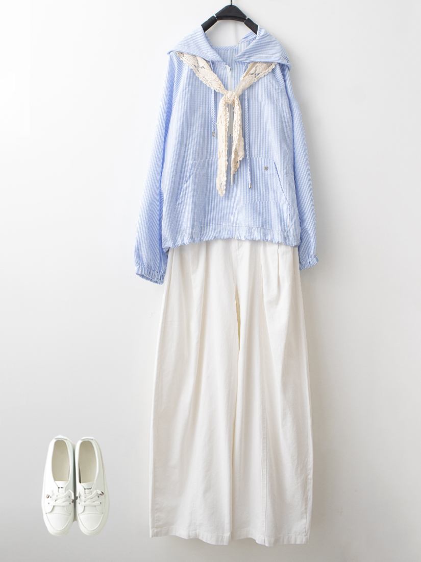 直條紋半開襟連帽上衣跳色配釦剪接寬褲組合