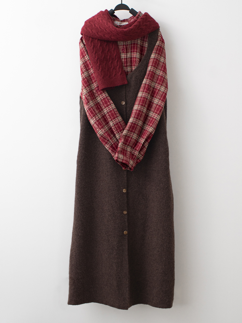 排釦吊帶針織背心法蘭絨格紋半開襟洋裝組合