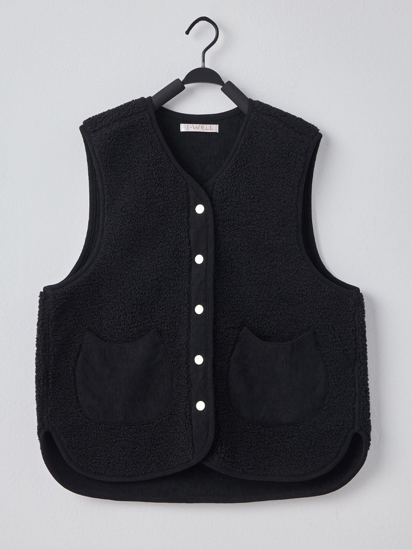 條絨口袋背心捲邊羅紋針織上衣磨毛格紋直筒長褲組合