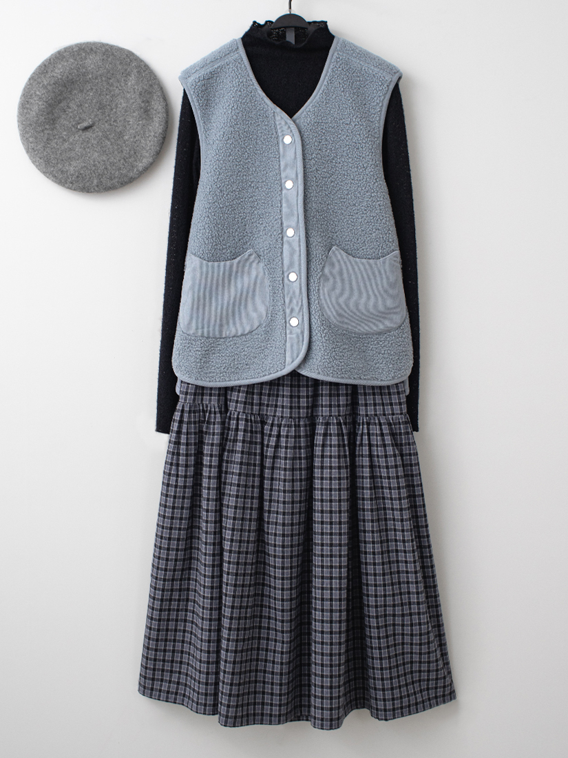 條絨口袋背心絨毛上衣輕磨毛格紋口袋長裙組合