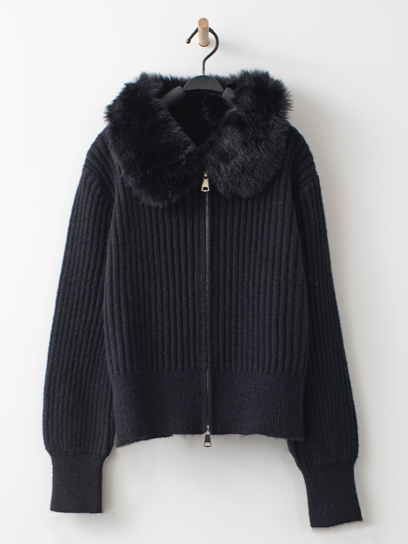 羅紋毛毛領針織外套下擺壓褶魚尾連身洋裝組合