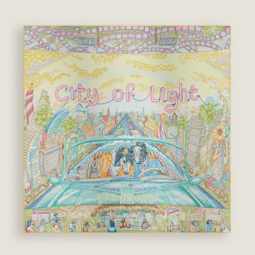 1YK0312-032 [HERMES] City of Light Scarf 90 Jaune/Celadon /Rose #H004103S07 (BR)