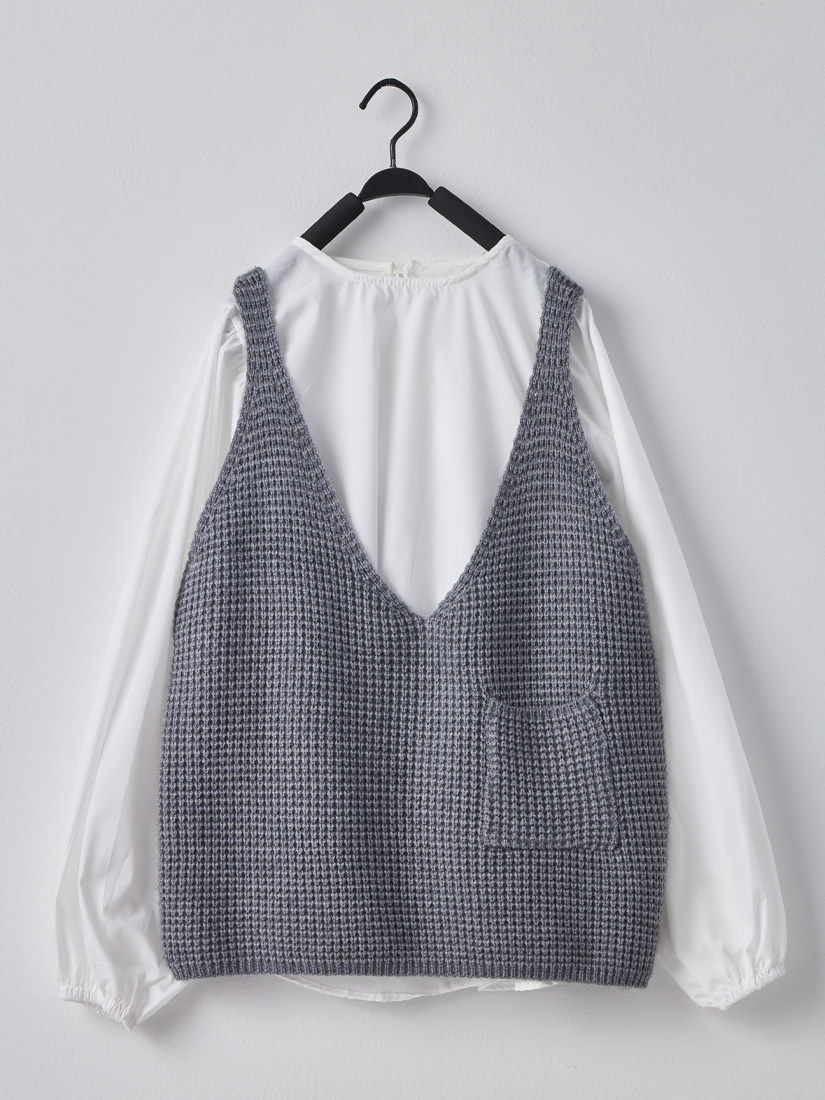 鬆餅格口袋針織背心襯衫層次兩件式上衣