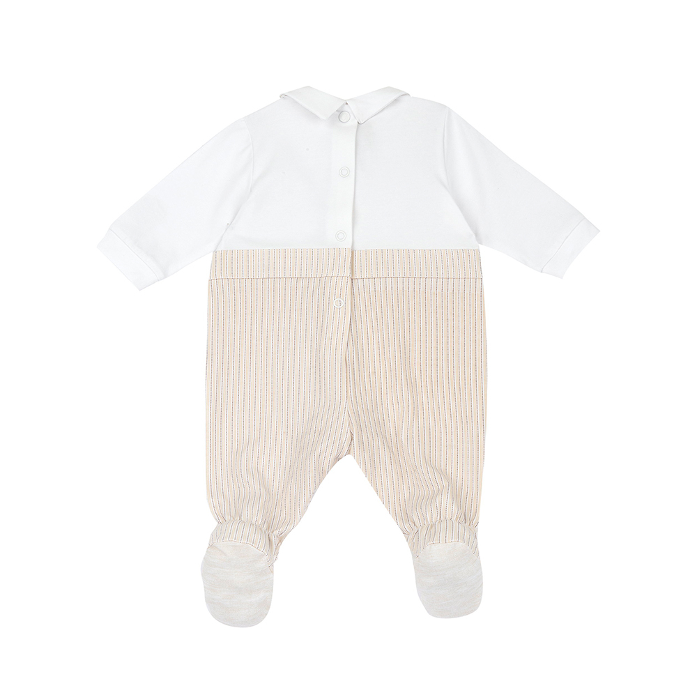 飛行小熊-剪接直條附領帶後開長袖兔裝