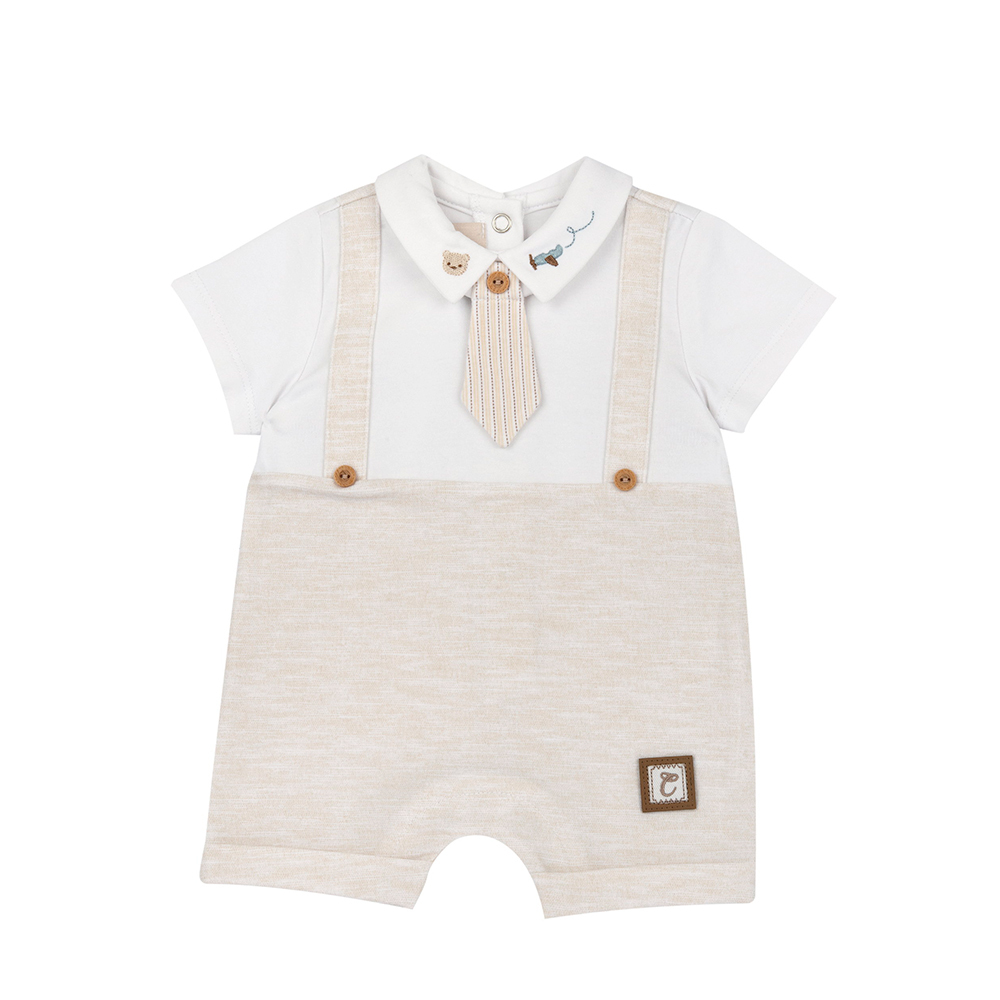 飛行小熊-剪接麻花附領帶短袖兔裝