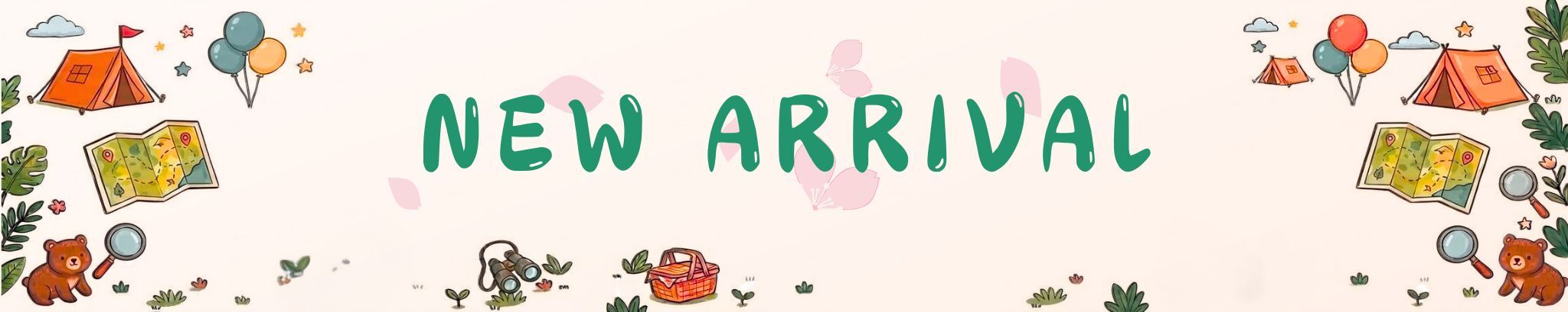 新品上架：米色手繪露營風橫幅，點擊查看最新抵達的育兒好物。