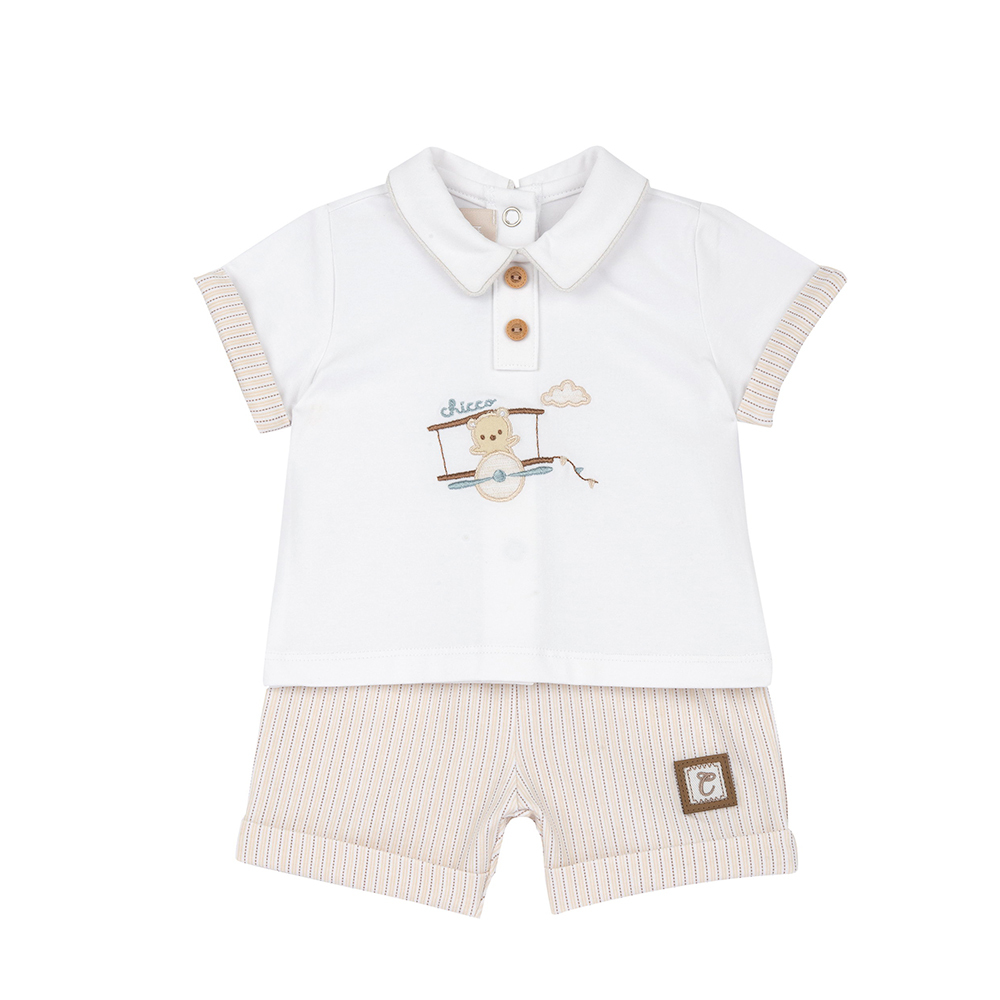 飛行小熊-有領短袖+直條短褲套裝