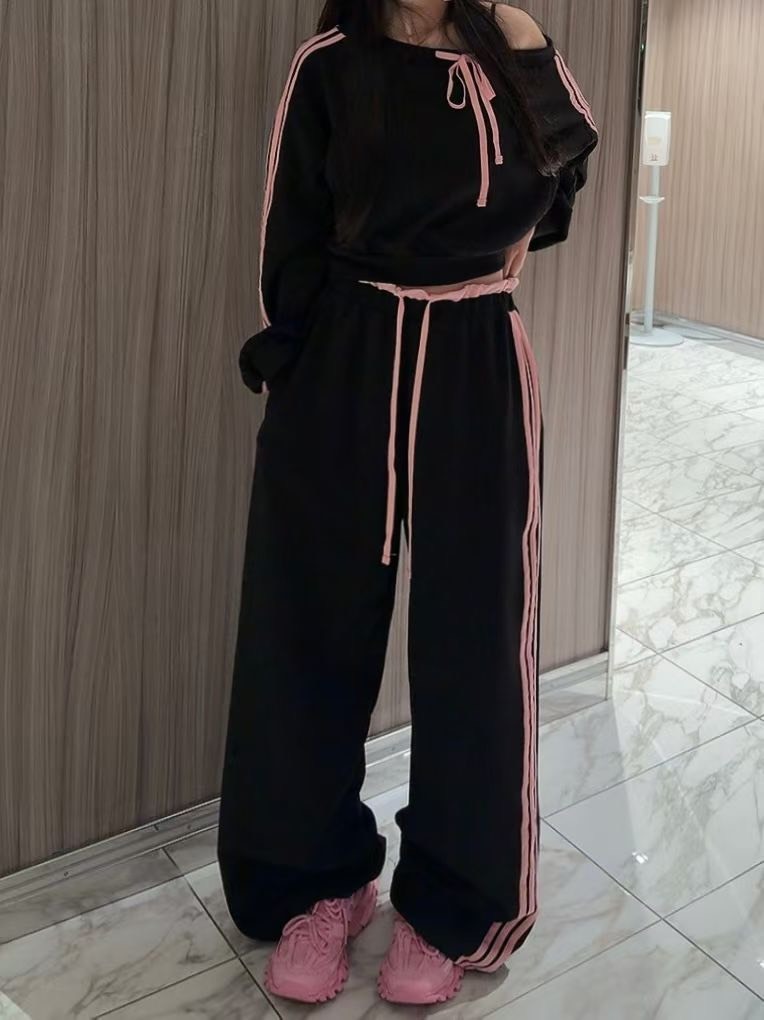 寬領露肩短衛衣  長褲(分售)