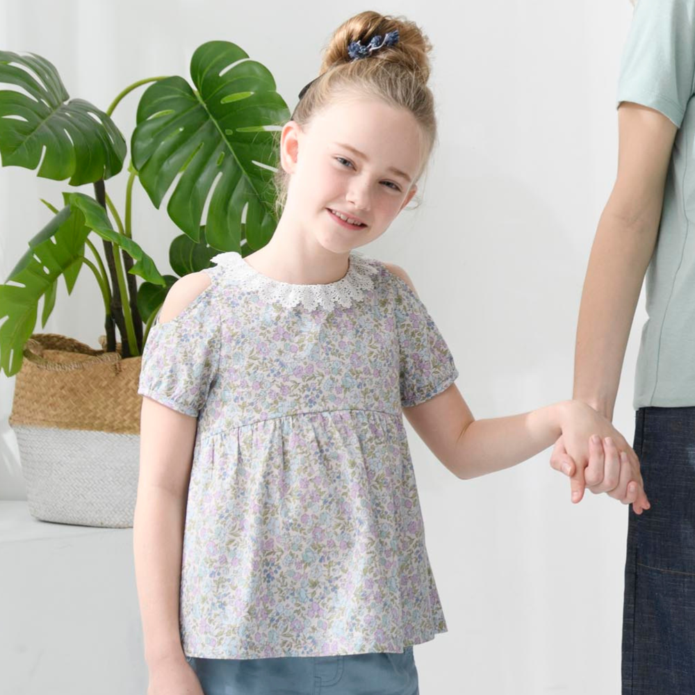 PIPPY 浪漫碎花剪接蕾絲圓領短袖上衣 紫