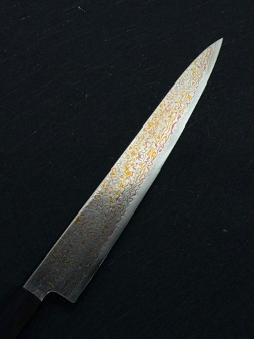 初心 孔雀 V特2号 有色大馬士革鋼 筋引 黑檀柄