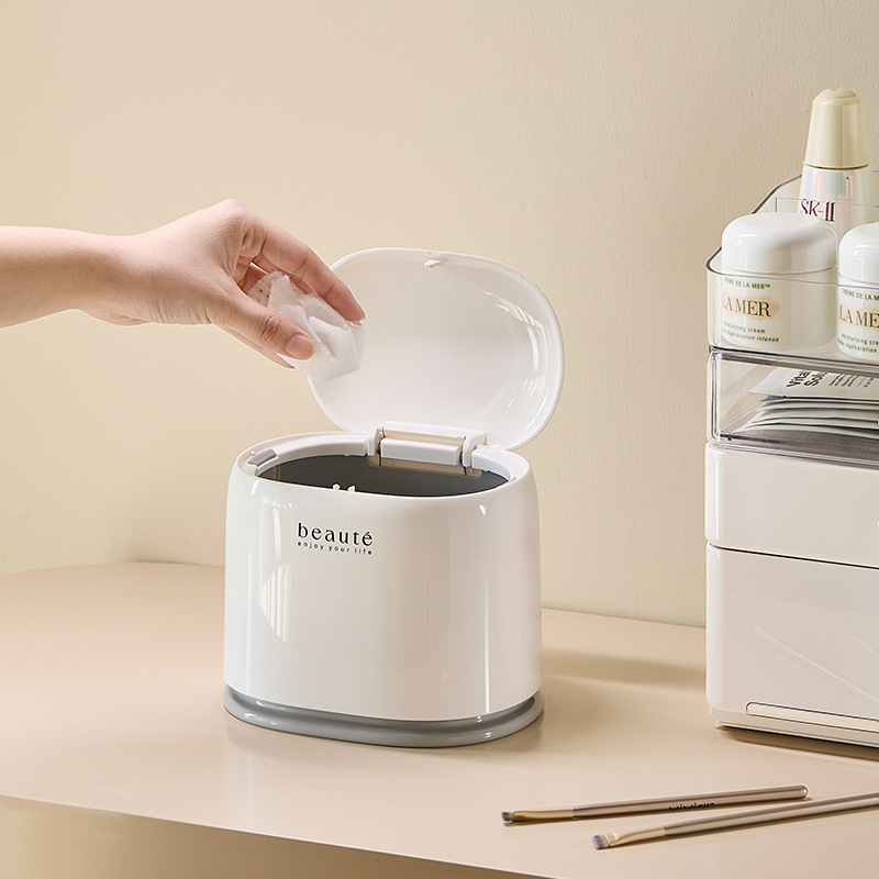 《6614》奶油風圓弧桌面按壓垃圾桶