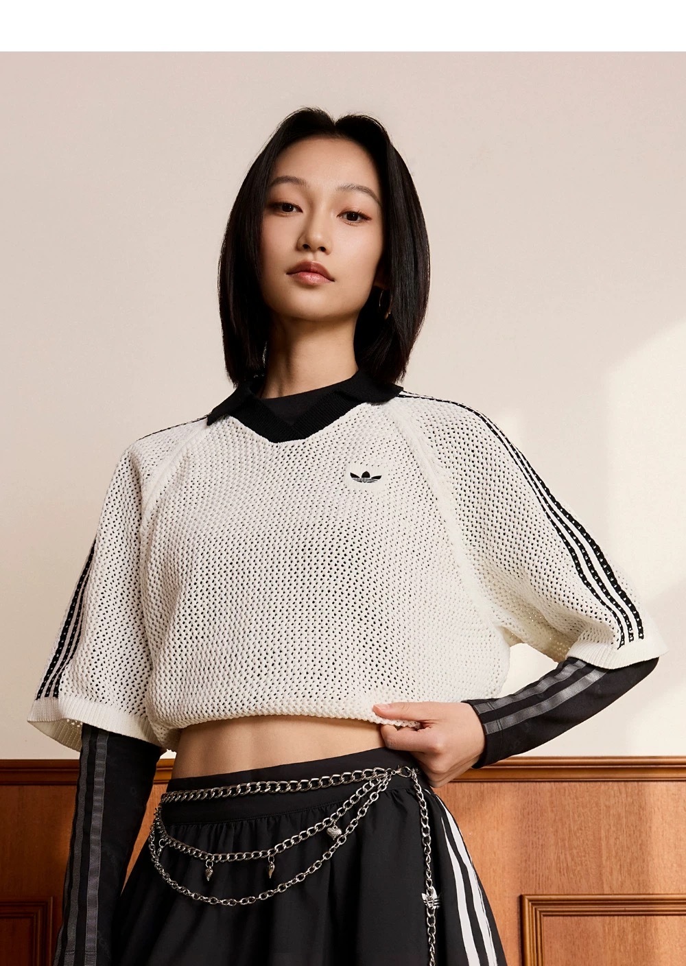 女款 ADIDAS CROCHET POLO 白色 短版 針編 寬鬆 短T POLO衫【KC6490】ADLP