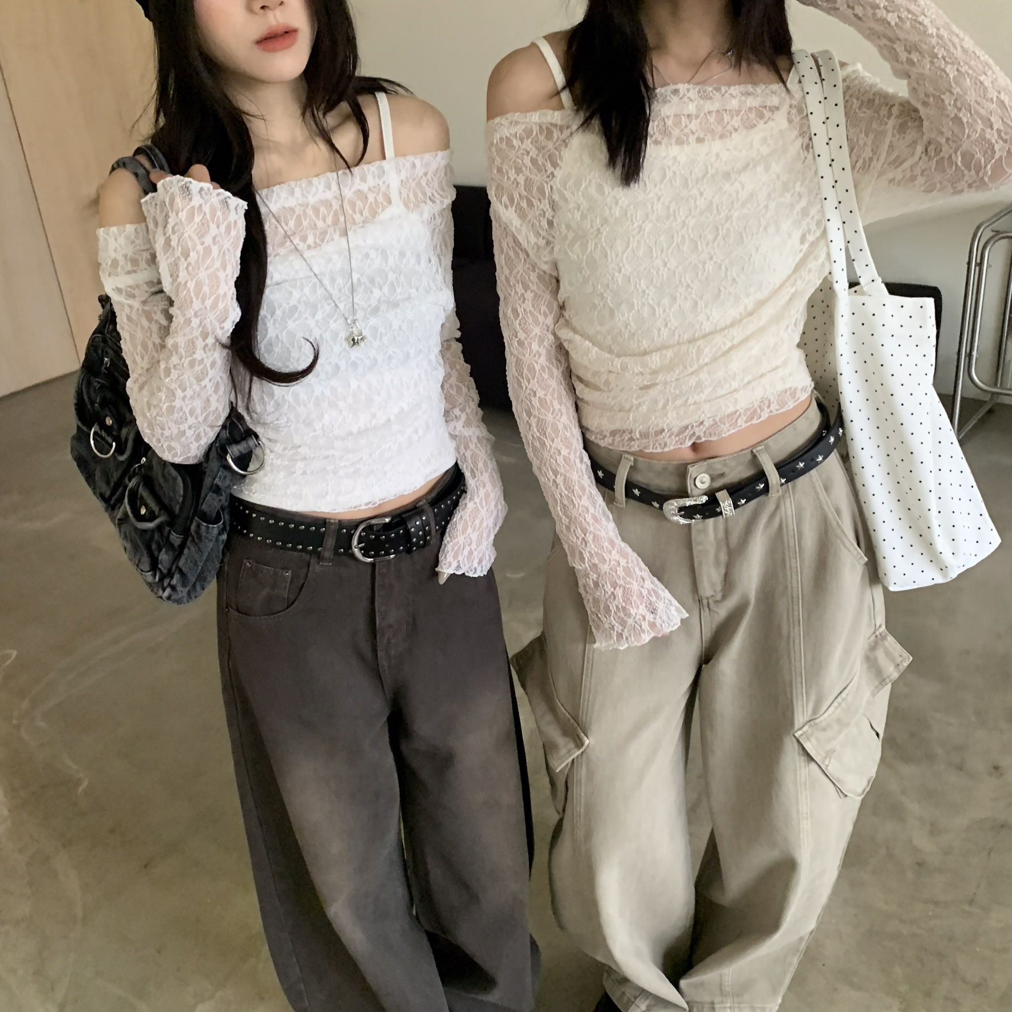 ISA_蜜糖泡泡 蕾絲(1+1)一字領側抓皺套裝_62007