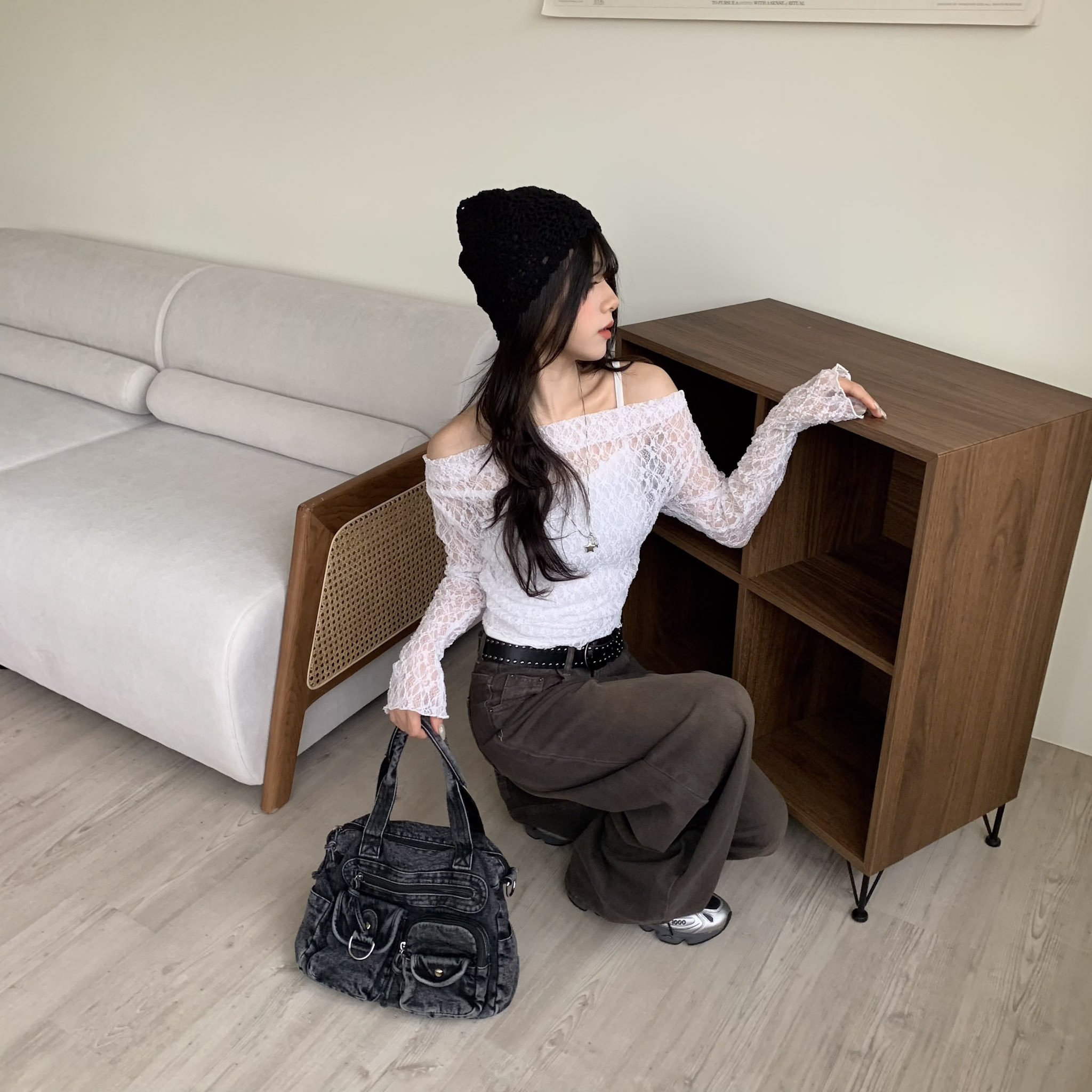 ISA_蜜糖泡泡 蕾絲(1+1)一字領側抓皺套裝_62007