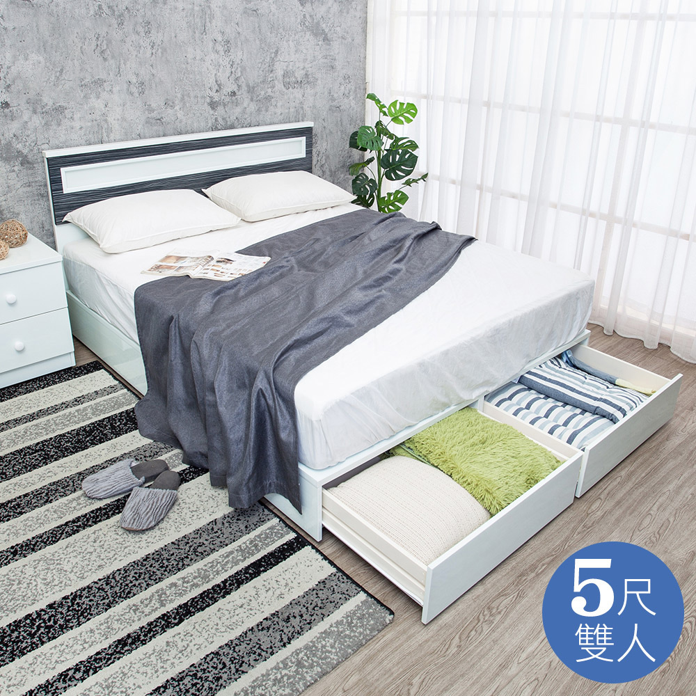 南亞塑鋼-5尺雙人後二抽屜收納型塑鋼床組-床頭片+抽屜床底