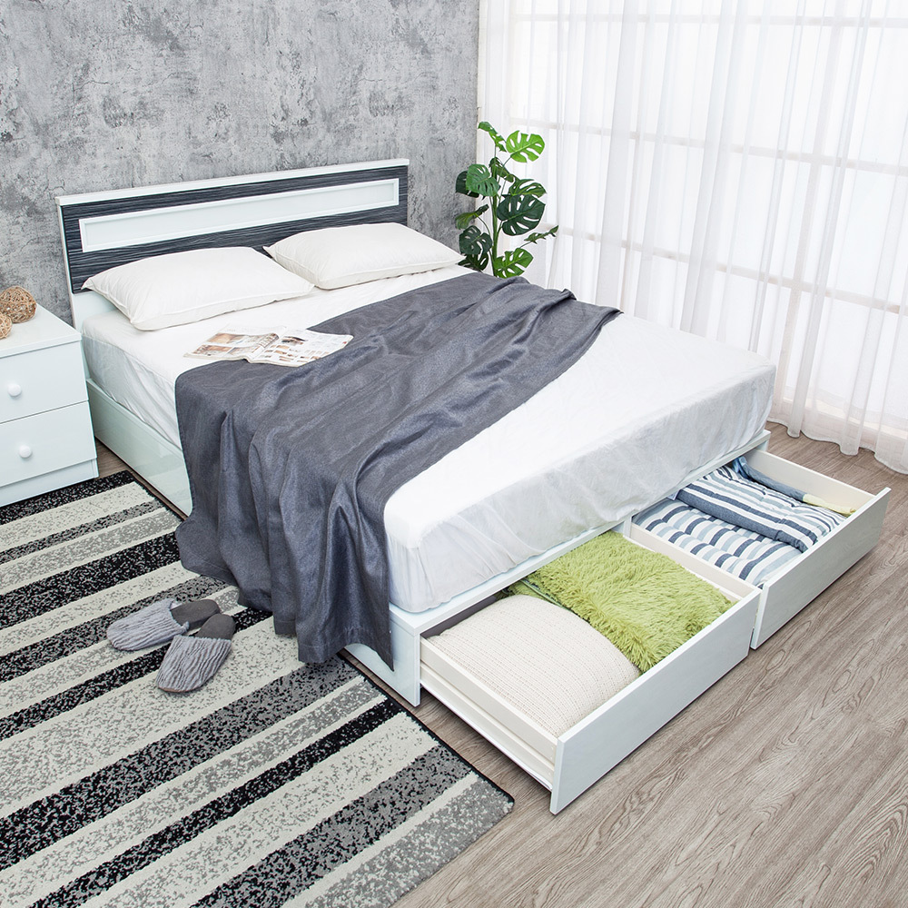 南亞塑鋼-5尺雙人後二抽屜收納型塑鋼床組-床頭片+抽屜床底