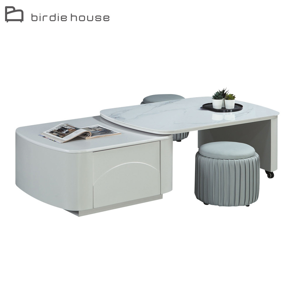 柏蒂家居-傑恩斯3尺一抽附輪伸縮岩板大茶几-附小椅凳二入(可伸縮90-142cm)